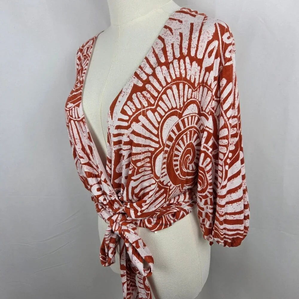 Anthropologie Bodi Blouse Sz M Faux Wrap Tie Cropped Orange Boho Short Sleeve